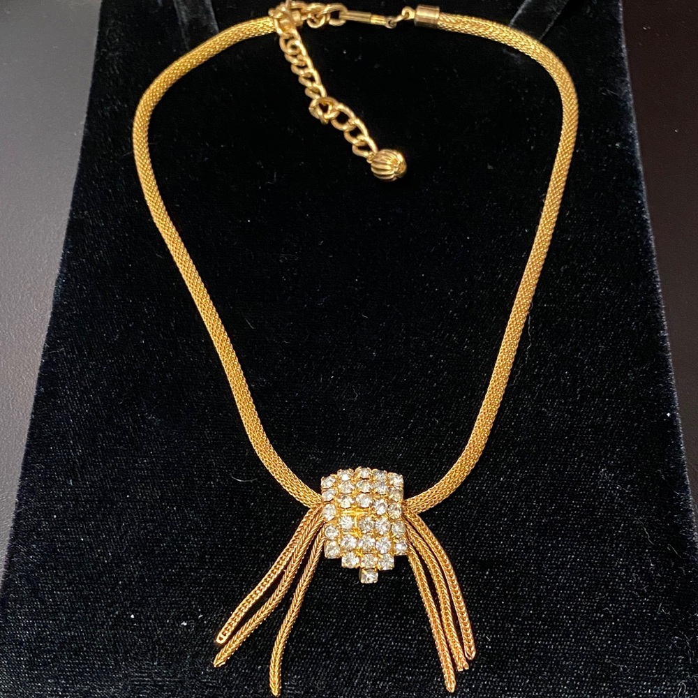 Vintage mesh rolled gold choker Necklace with Crystal Accents
